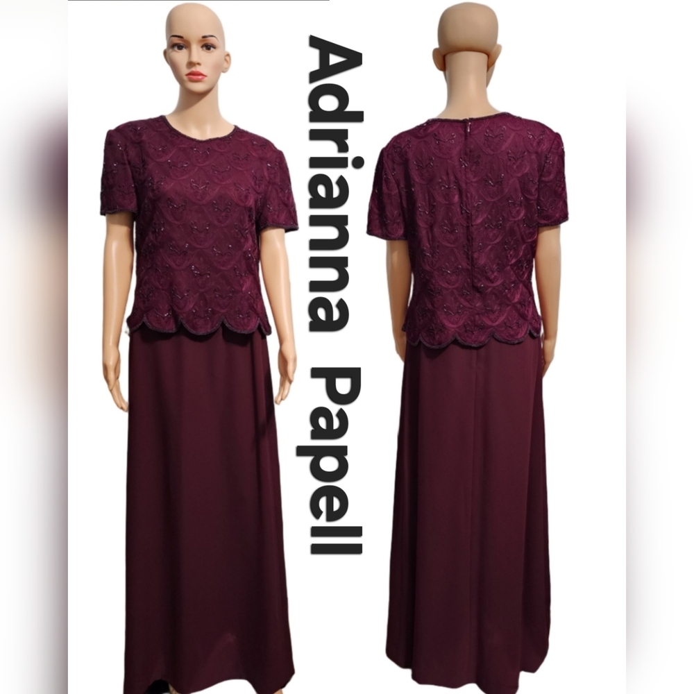 Adrianna Papell Occasions Silk Two Piece Beaded Burgundy Skirt & Top Sz 12